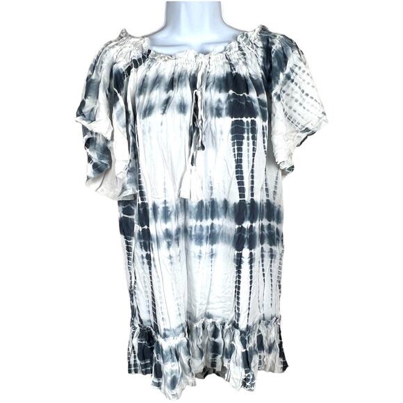 Olivaceous Mini Dress Off Shoulder White Blue Tie Dye Print Raw Hem NEW Womens M - Picture 1 of 10